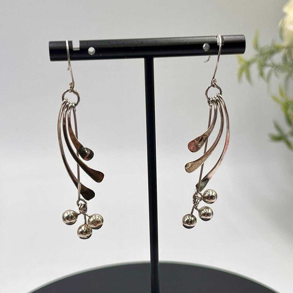 Vintage Modern Curved 925 Sterling Silver Linear Three Dangle Balls Earrings